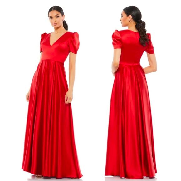 Mac Duggal 26606 Puff Sleeve A Line V Neck Satin Gown Long Dress Red Size 10 - Picture 1 of 11